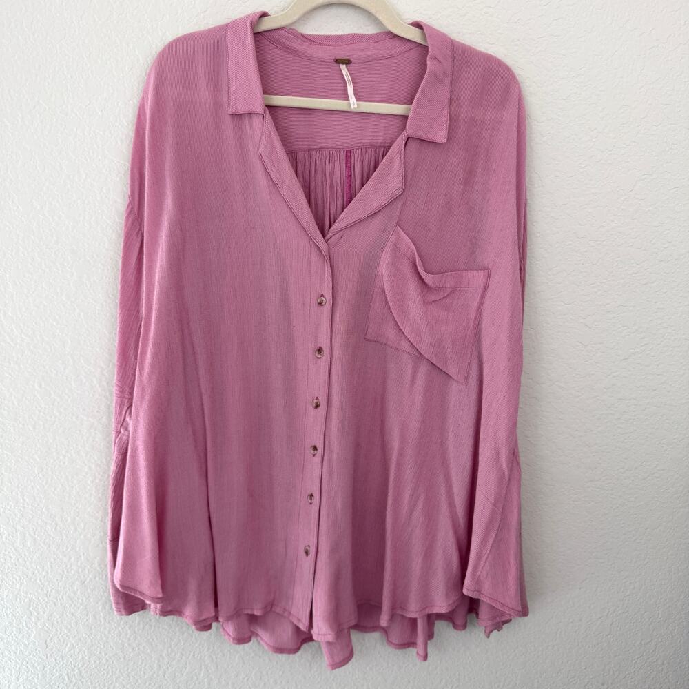 Free People Womens Magic Breeze Shirt Top Size S Relaxed Pinstripe Flowy Pink